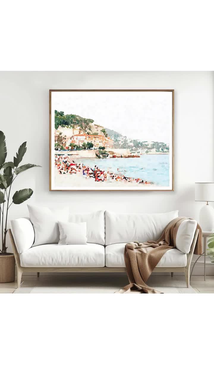 ビーチプリント、ニースフランスの水彩画ウォールアートデジタル