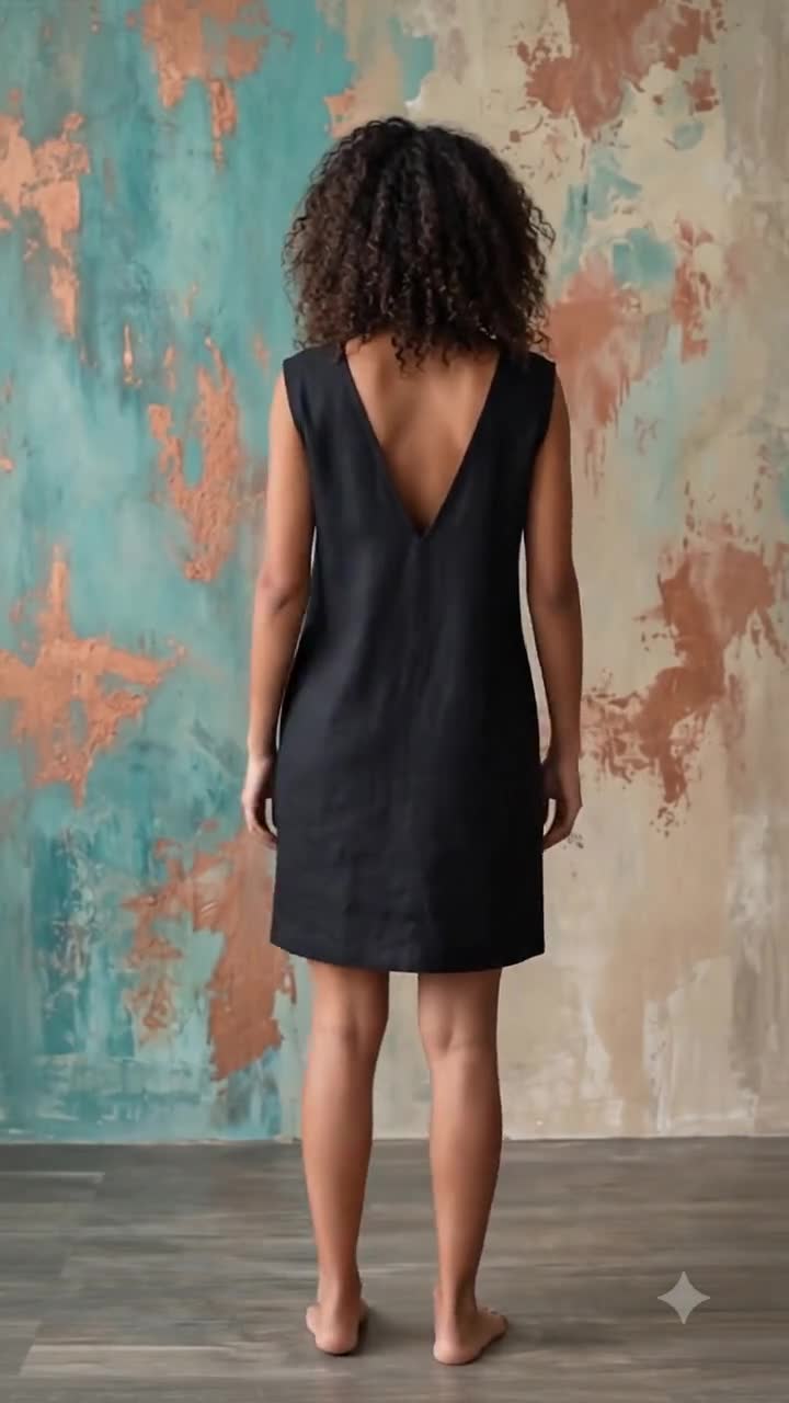 black linen knee length dress justHIGH Women Cotton Linen Dress 2026 Summer Short Sleeve V Neck Knee Length Dresses with Pockets Casual Vacation Beach Dress Black,L
