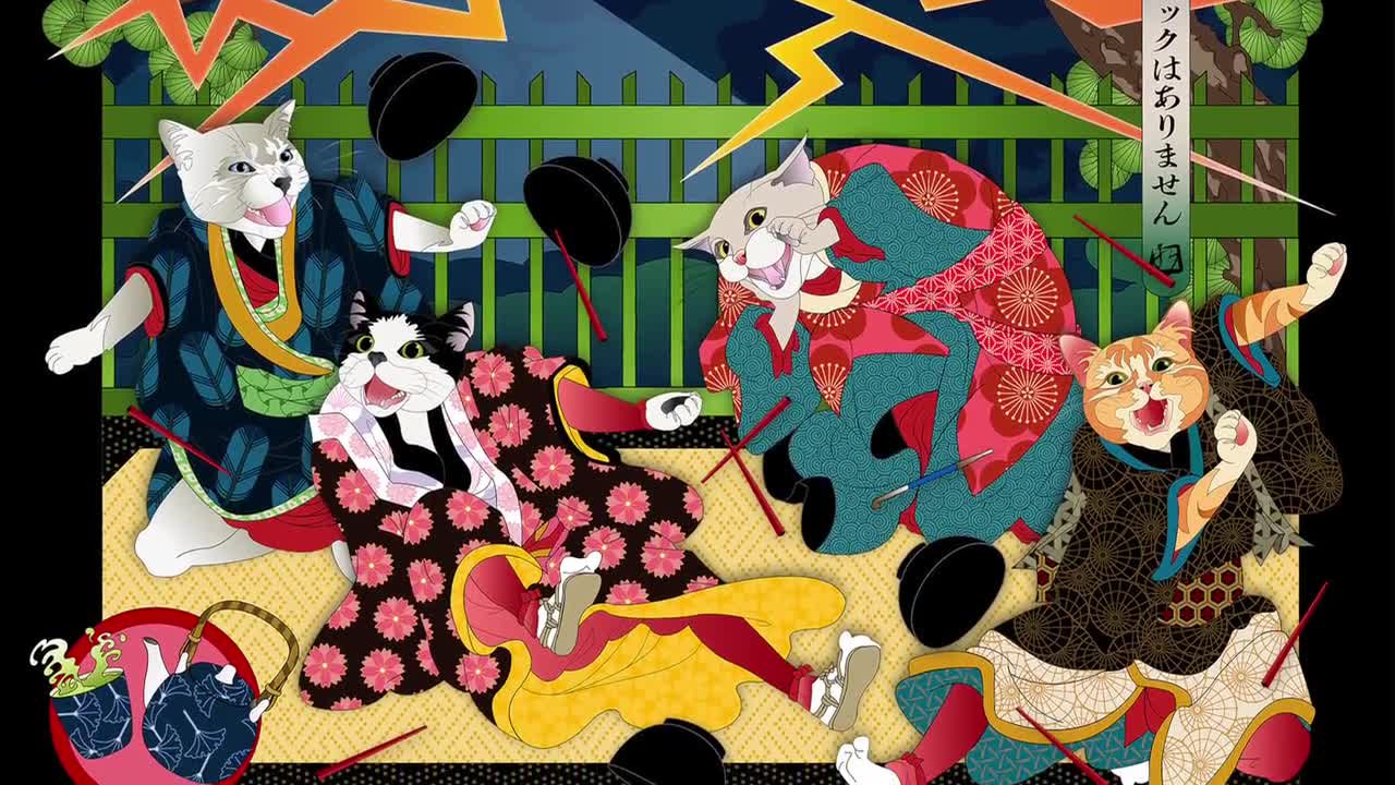 NO PICNIC, Cats in Kimono, Metal Print, Wall Art, Japanese culture, Original Artist, samurai, Ukiyo-e, scaredy cat, kabuki theater, mt. fuji video poster
