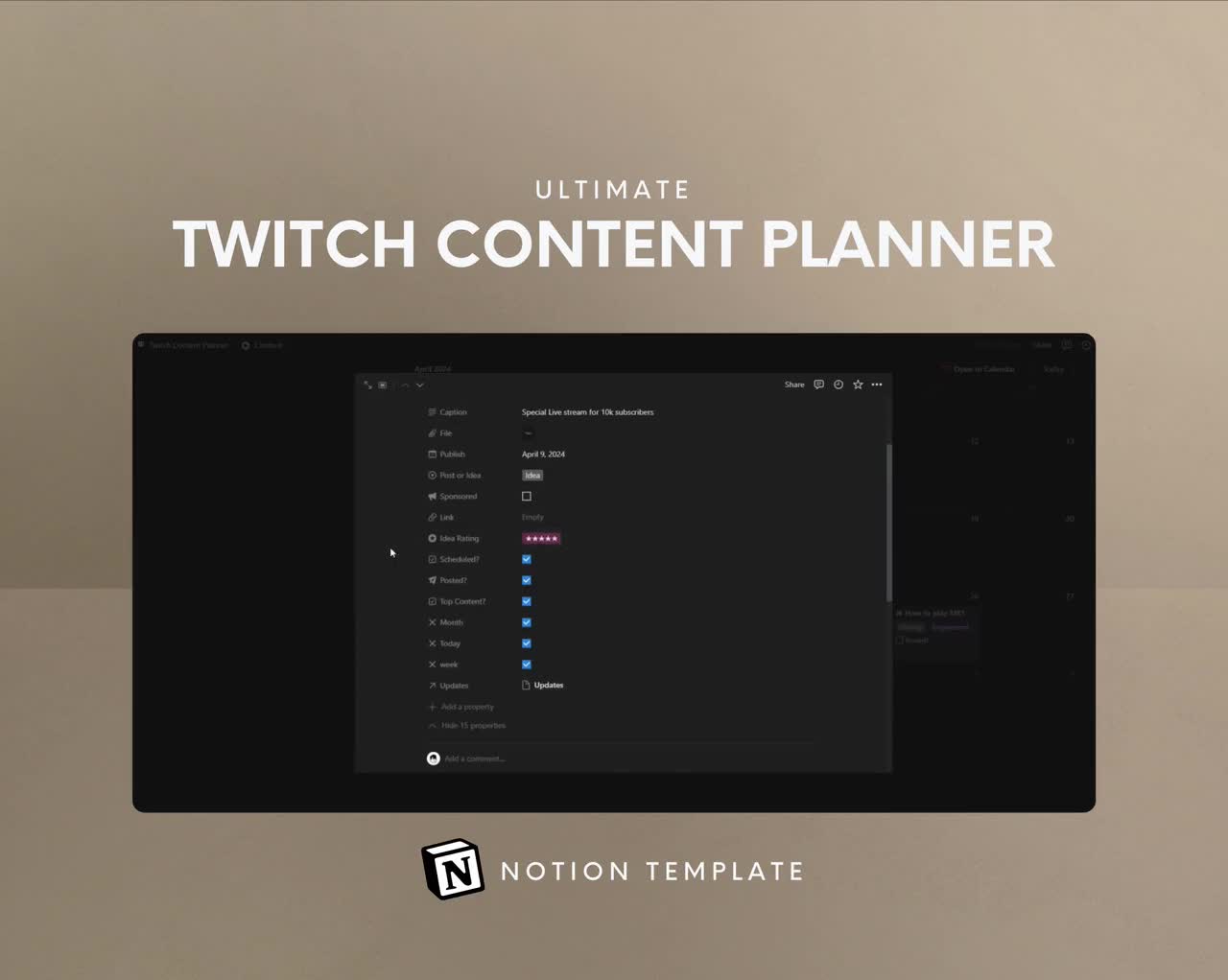 Notion Template Twitch Content Creator Planner Live Streaming Schedule Manager Social Media Content Planner Live Gaming Notion Calendar video poster