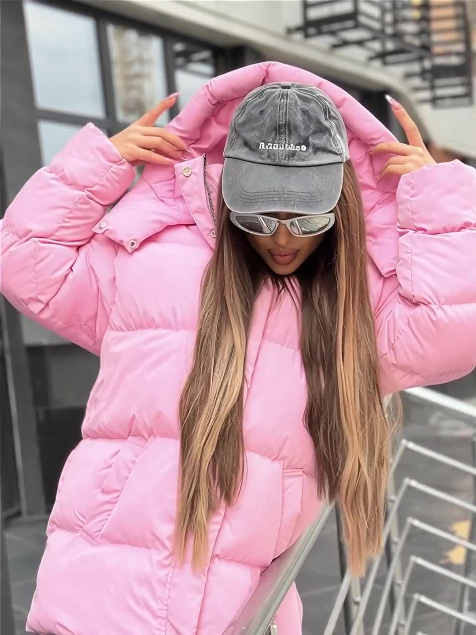 オーバーサイズロングパファーコート、冬用マキシジャケット、ピンク