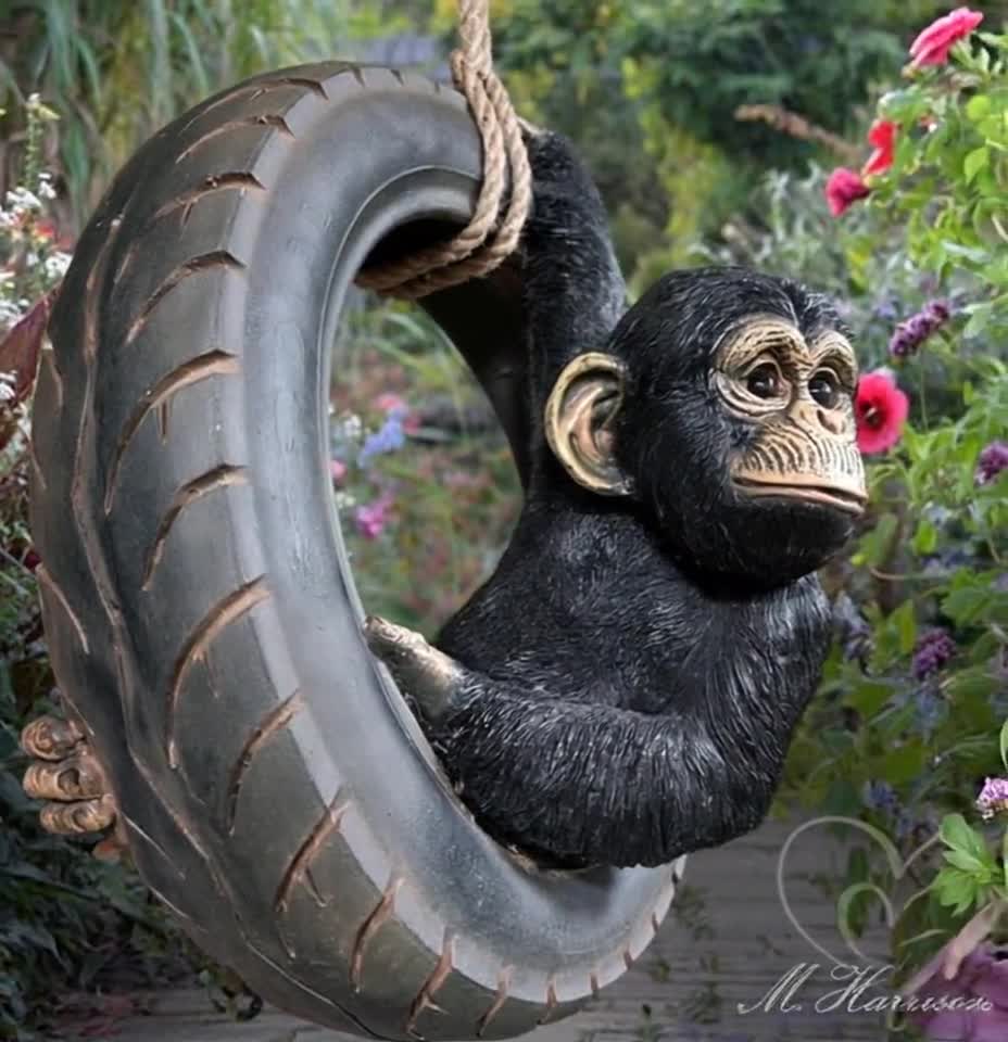 Large Chimpanzee on Tire Rope Swing Tree Garden Ornament Resin