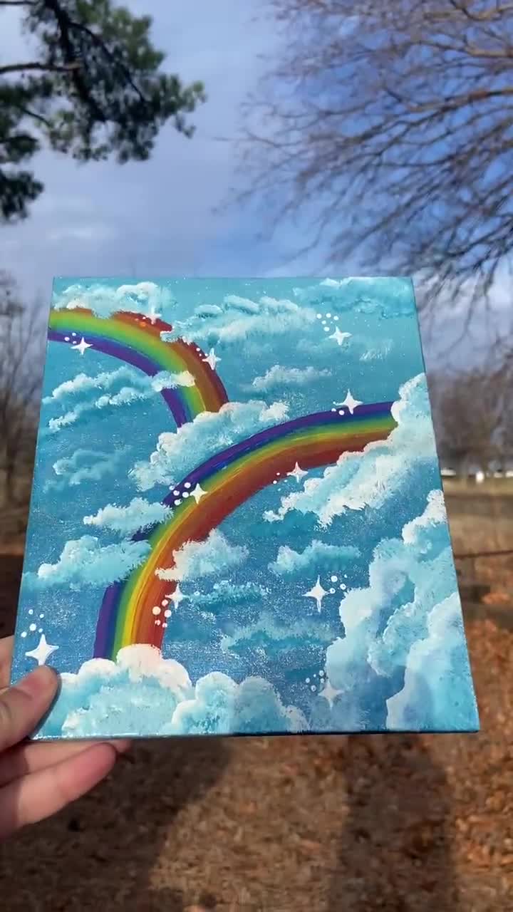 Dipinto su tela di legno "Double Rainbow Cloud" 7,5 x 9 pollici video poster