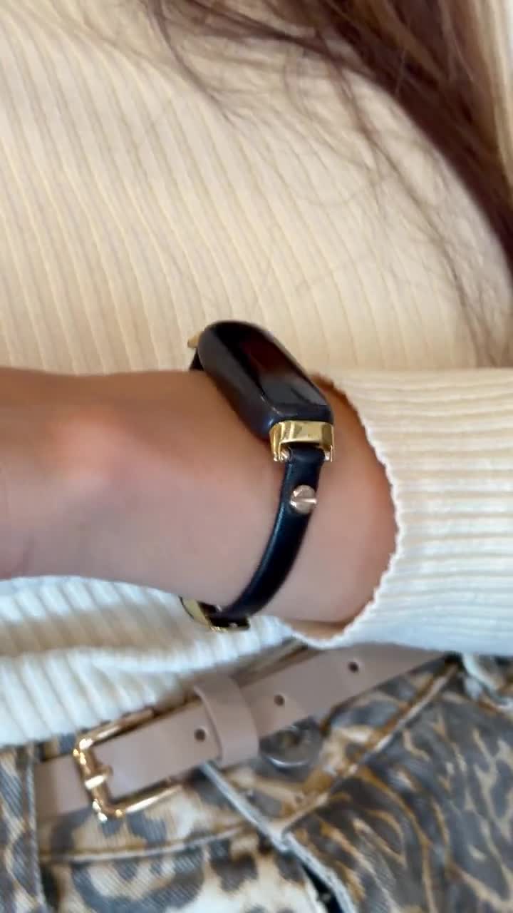 Fitbit Inspire 3用ブラックレザーバンド（レディース）、スリム8mm