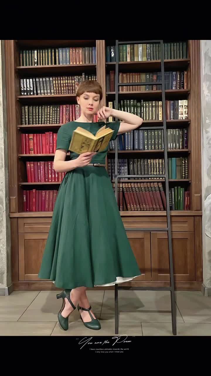 Xiaolizi Dark Green Linen Dress, Vintage 1950s Boat Neck Swing