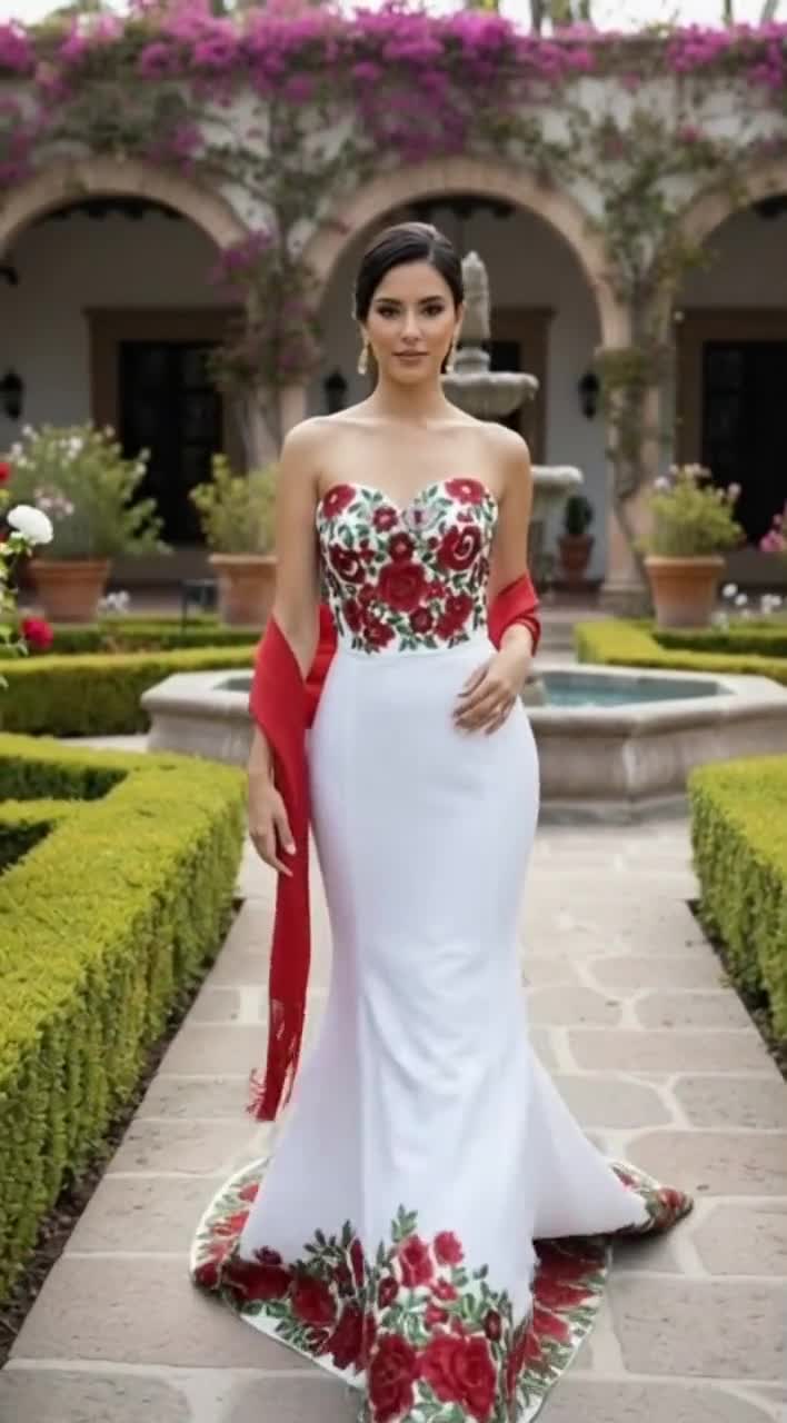 Custom Mexican Embroidery Wedding/ Fiesta Dress with Floral Detail. Elegant Bridal Gown. Size Inclusive. Made to Order