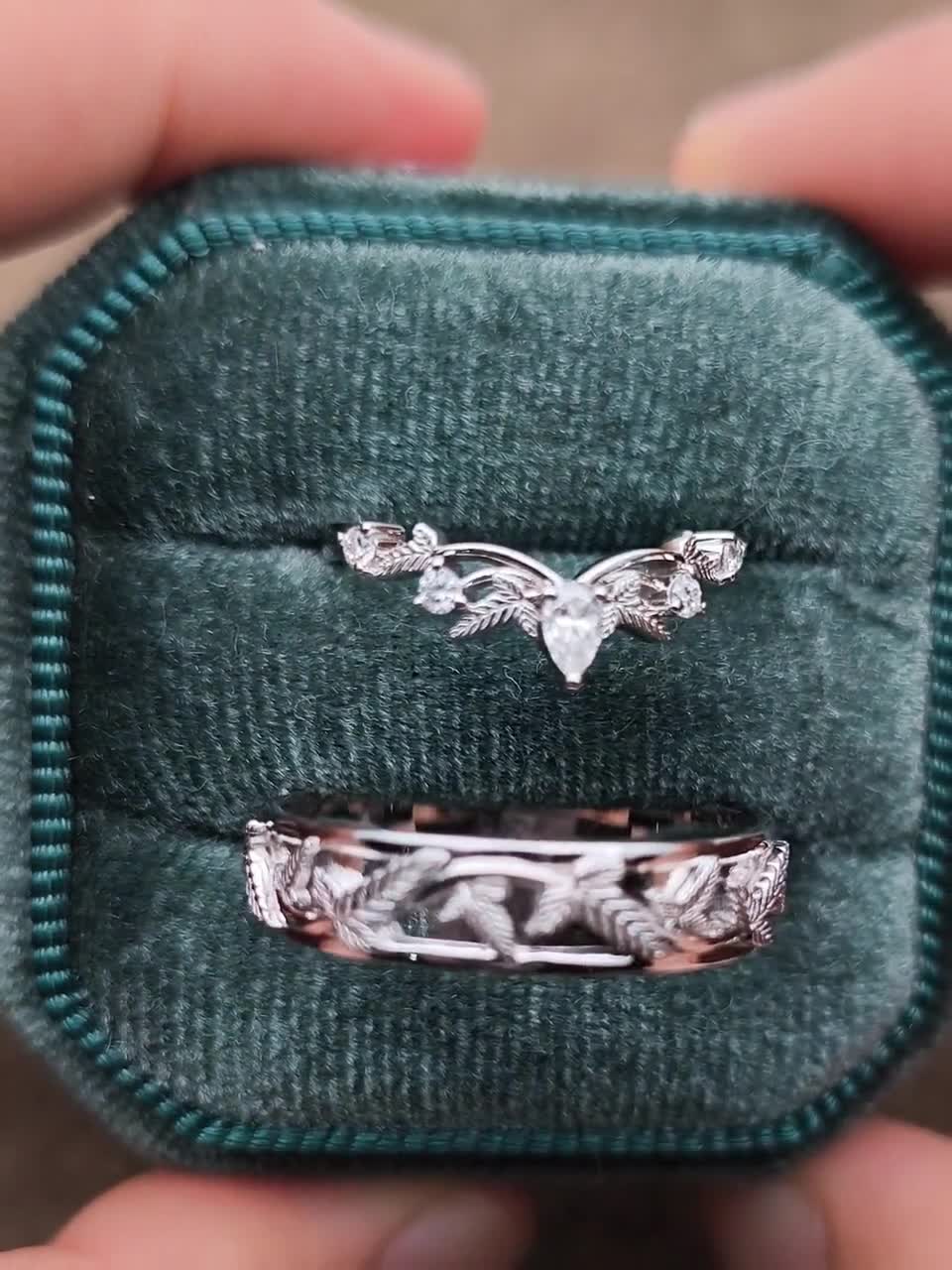 ロリエンリーフ彫刻カップルの結婚指輪2個、14Kホワイトゴールドモ
