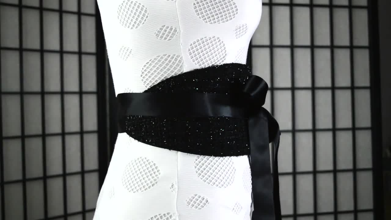 Reversible Obi Belt, Wide Black Tweed Fabric Belt, Wrap Around