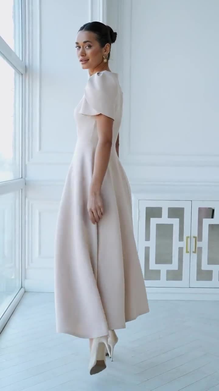 Elegant Beige Midi Dress  Wedding Guest Attire