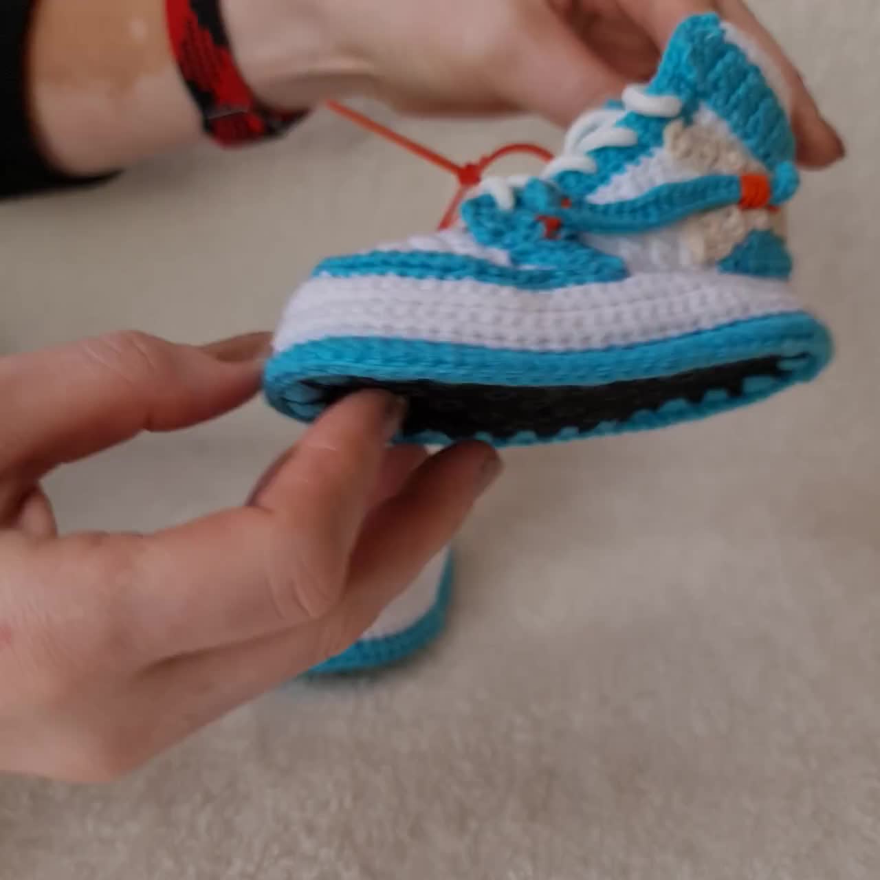 crochet baby jordan booties Off White Color Jordan-Style Crochet Baby Booties Sneakers, Newborn Organic  Shoes, Custom Knit Newborn Shoes, Cotton Baby Basketball Outfit