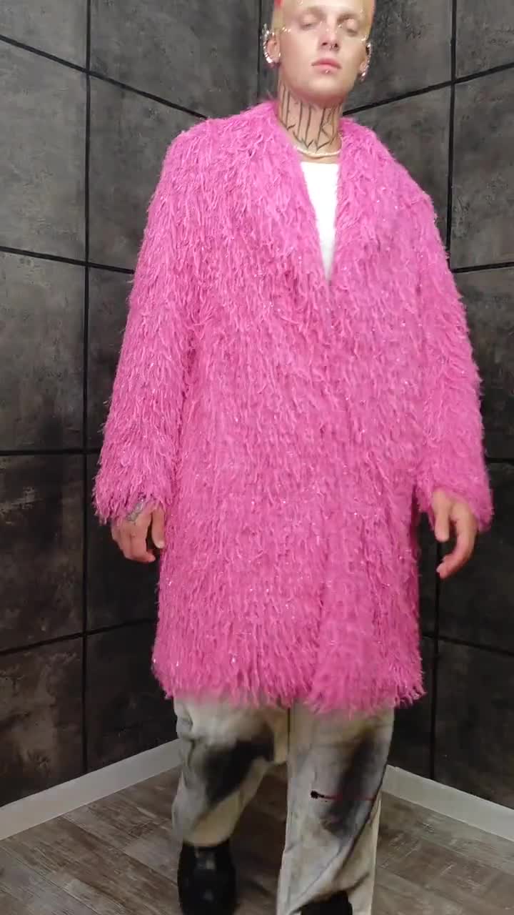 Intense Pink Shaggy Faux Fur Trench Coat, Rave Festival Outerwear