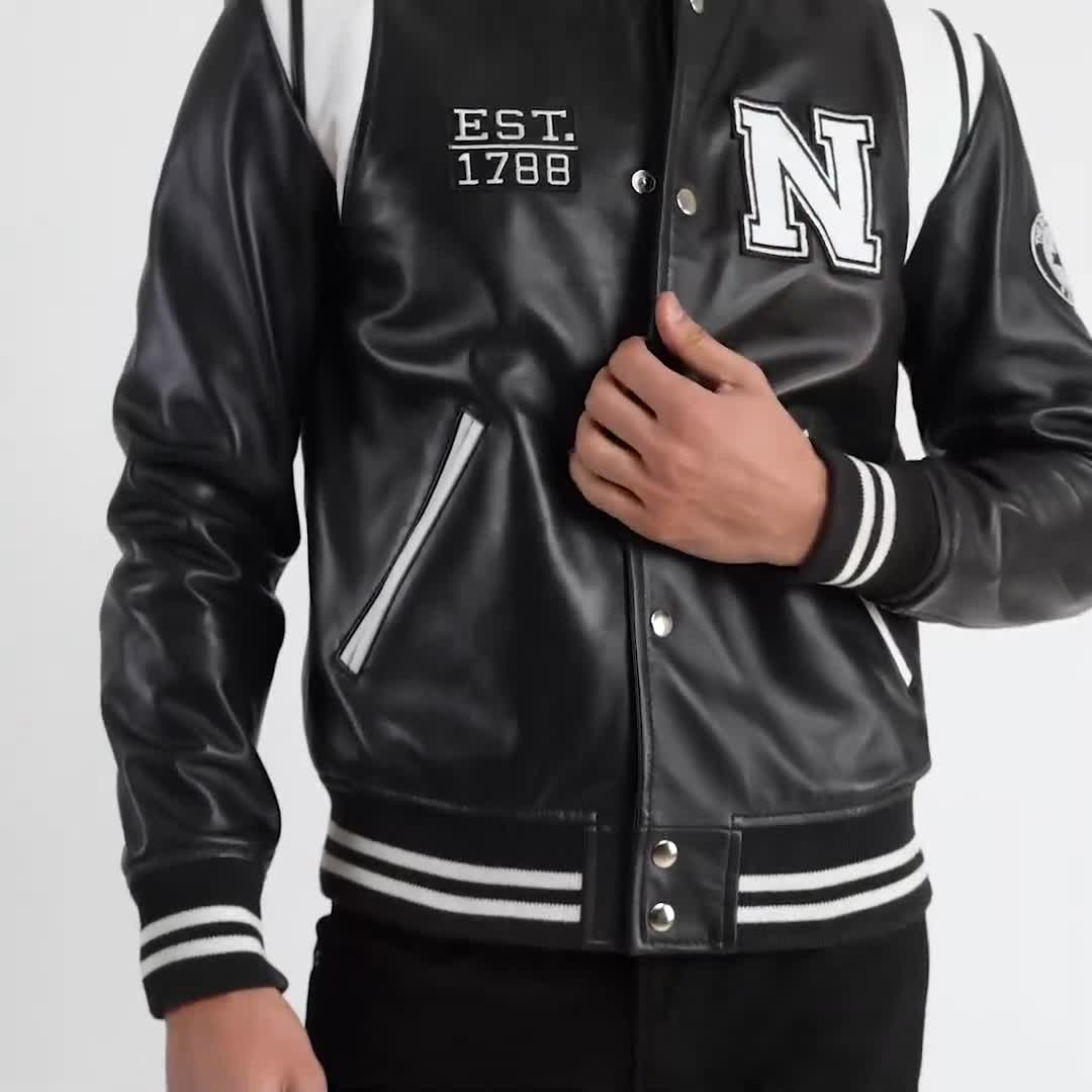 Liberte New York Black Leather Varsity Jacket Mens Sheepskin Snap