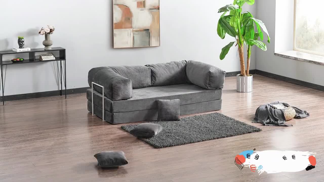 Puf otomano modular de pana utilizado como reposapiés en una sala de estar moderna, taburete con reposapiés, asiento adicional para decoración de habitación, complemento ideal para espacios pequeños. video poster