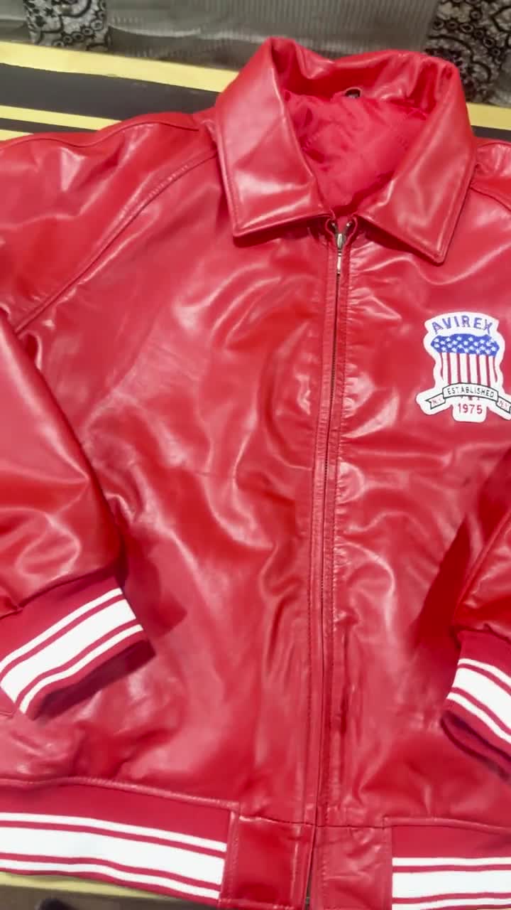 Women's Avirex Red Cowhide Leather Bomber Jacket – Cropped Moto Style video poster