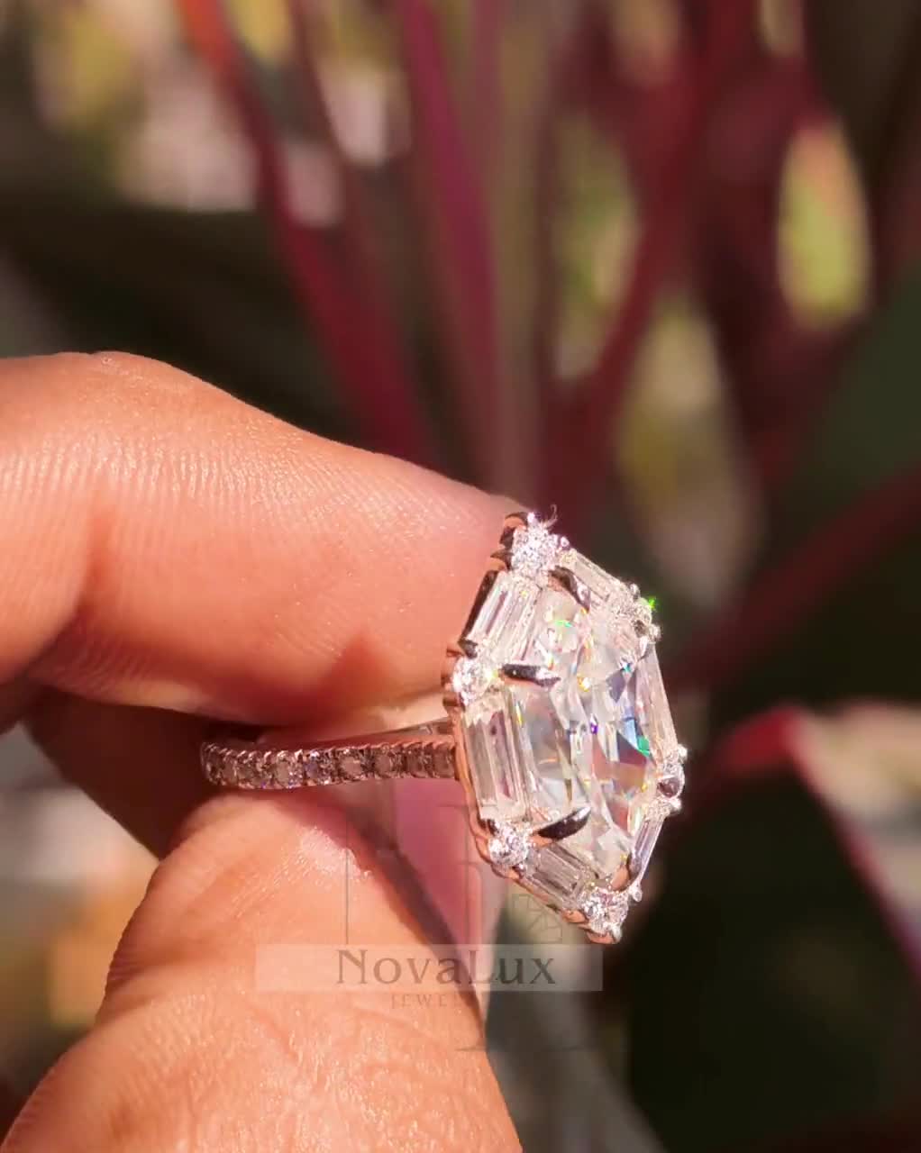 Hexagon Dutch Marquise Moissanite Engagement Ring, 14k White Gold Hidden Halo Ring, Geometric Step Cut Ring, Modern Pavé Bridal Jewelry video poster