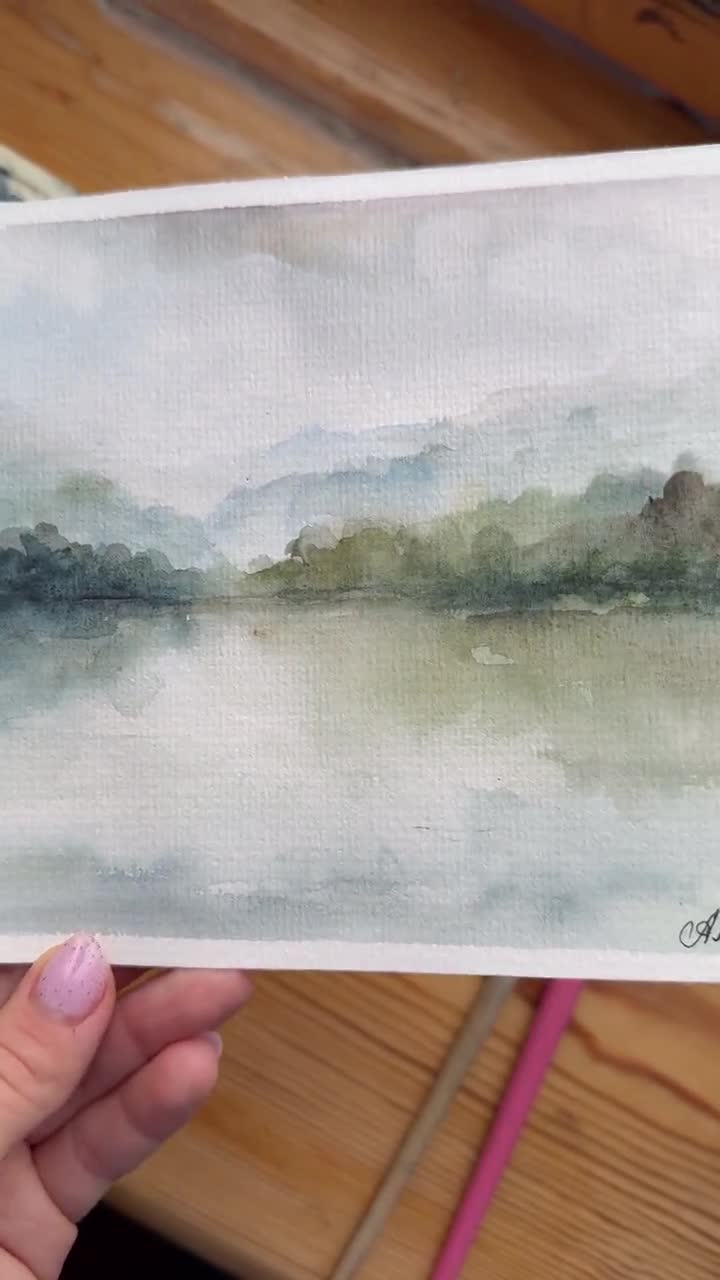 霧の湖の絵画：オリジナル水彩風景画（8 x 6インチ） - Etsy 日本