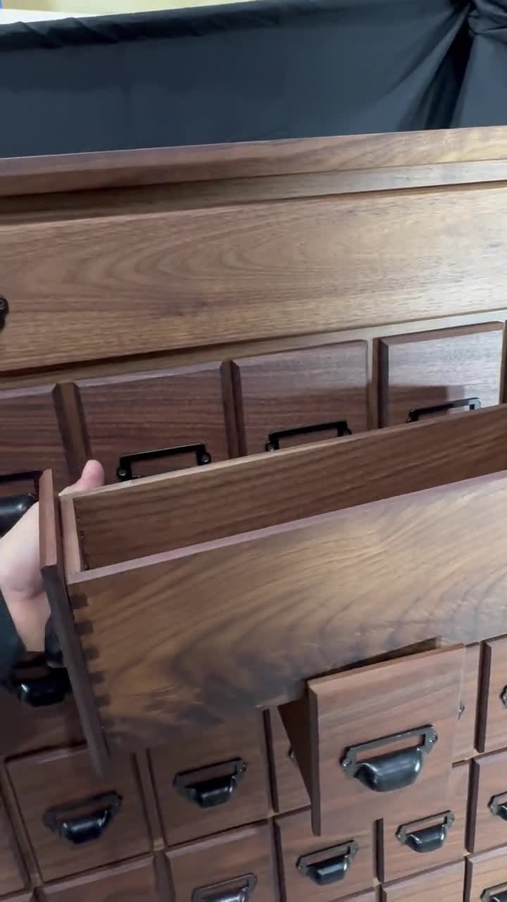 49 Drawer Apothecary Cabinet, Walnut, Heirloom Card Storage Furniture, Graded Trading Card Display video poster