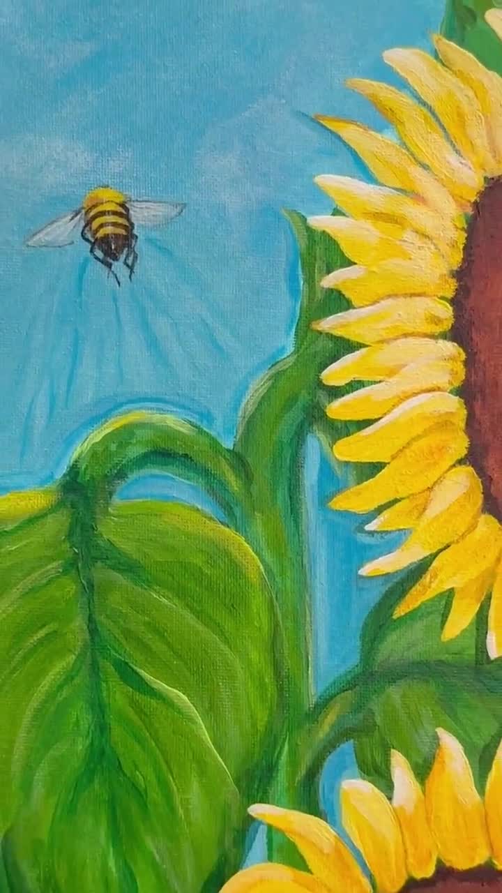 Sunflowers With Bees, 12x24 Inch Original Acrylic Canvas Painting
