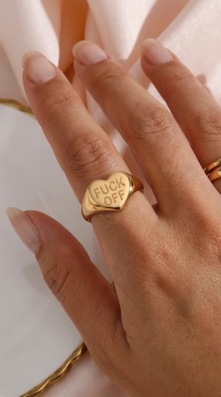 Gold Heart Signet Ring | Engraved 'fuck Off' Statement Ring - Etsy