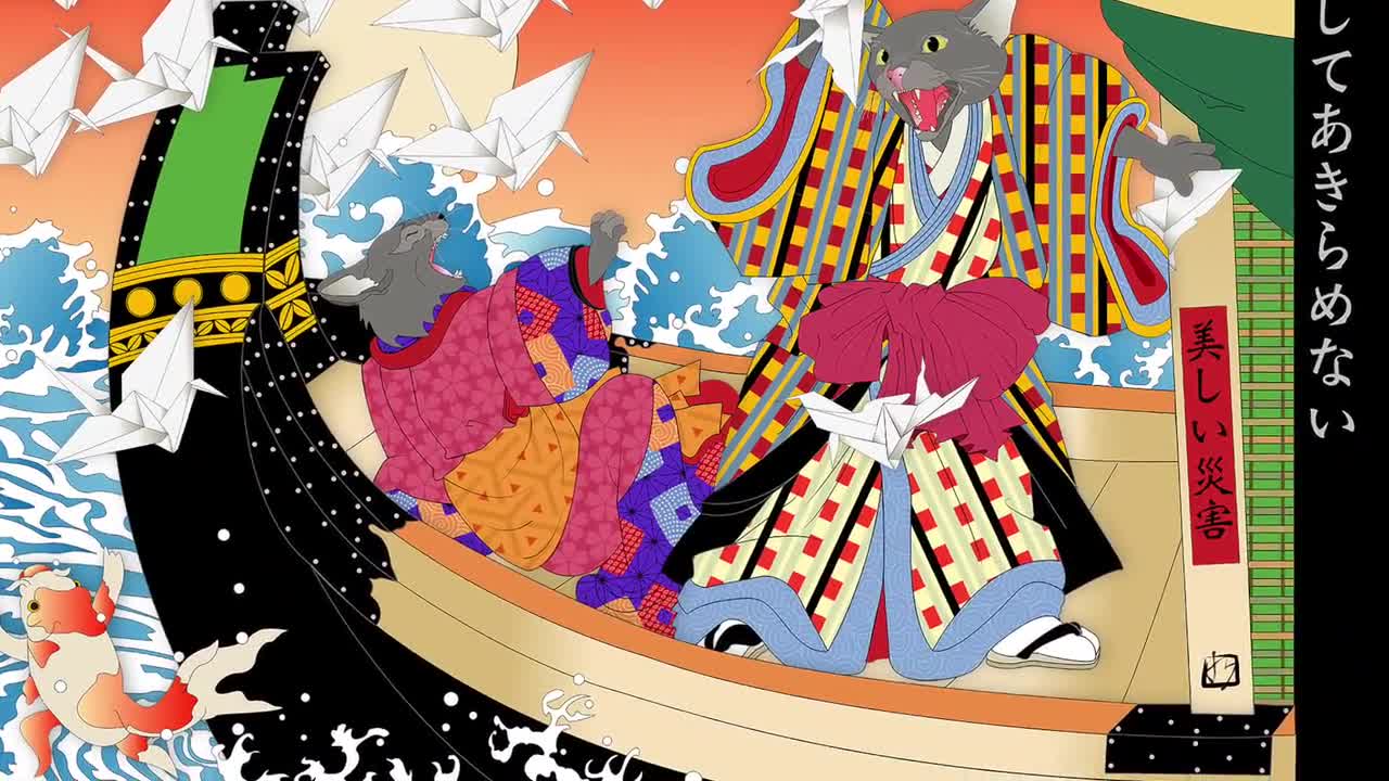 REVENGE of the ORIGAMI CRANES 2, Metal Print, Wall Art, Cat Print, Japanese culture, Original Artist, Cat Tales, Kabuki, cats in clothes video poster