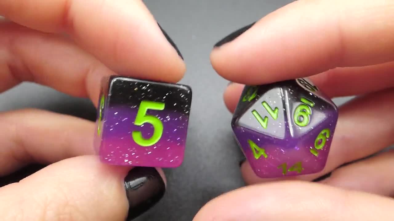 Otherworld Purple Pink Black and Neon Green D&D Dice 