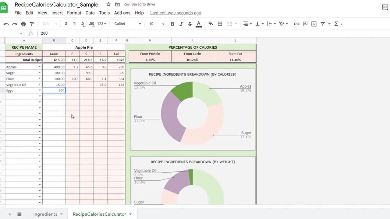 Excel Calorie Counter-Track Daily-Recipe Calculator