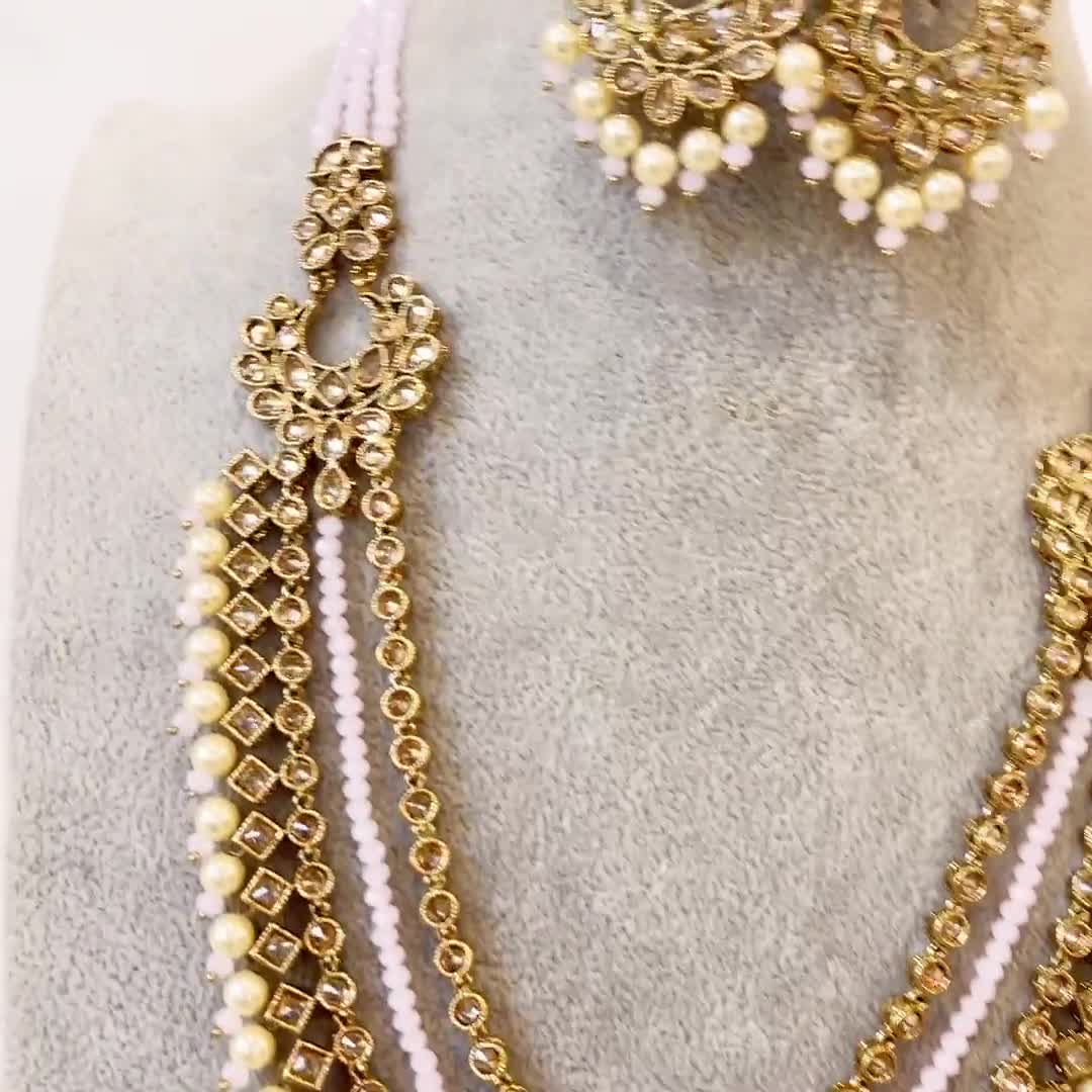 Pearl Long Necklace/ Indian necklace /Polki Mala/ 2 side pendant Neckl |  Erajewels