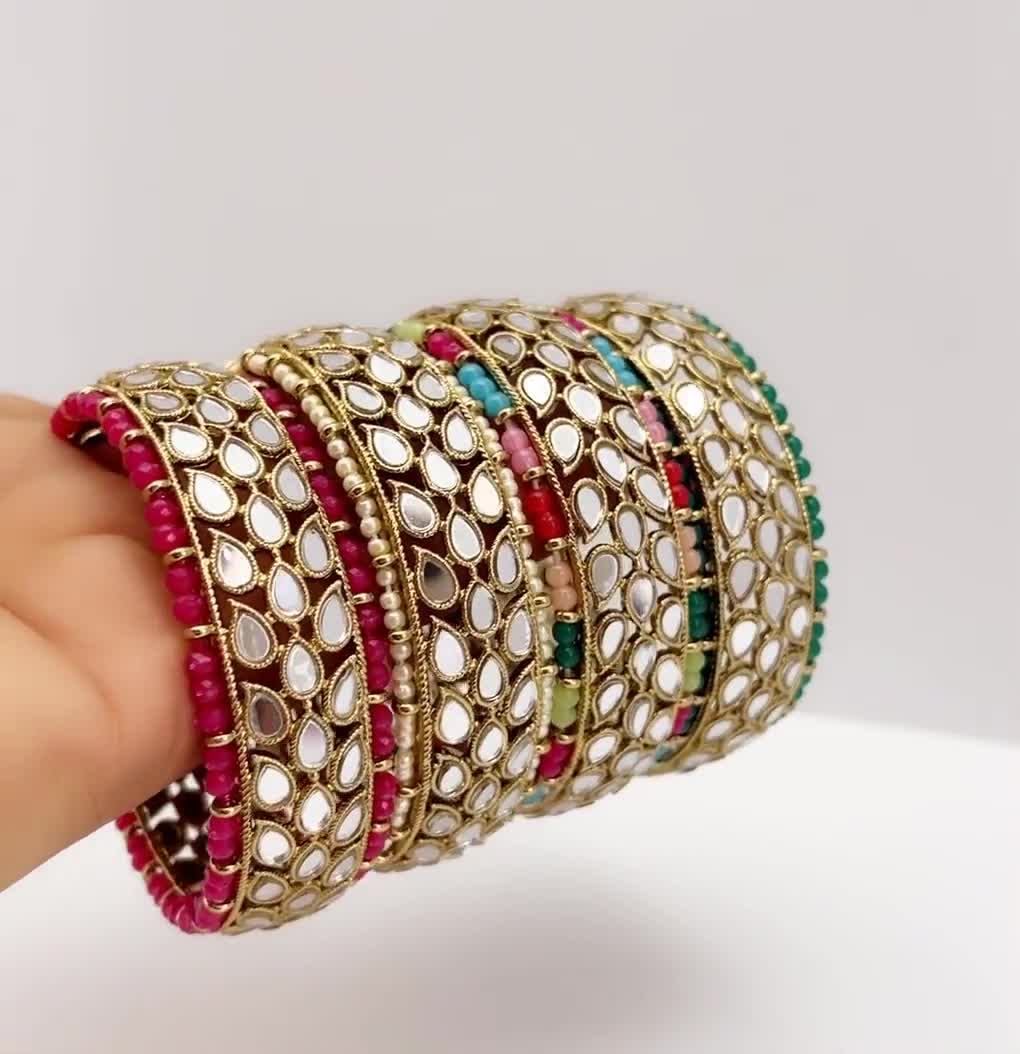 Bollywood Style Mirror Pearl Bangles Set(2 Pc) Mixed Size Punjabi Pearl  bangles/Bridal bangles/wedding jewelry/Indian Wedding collection