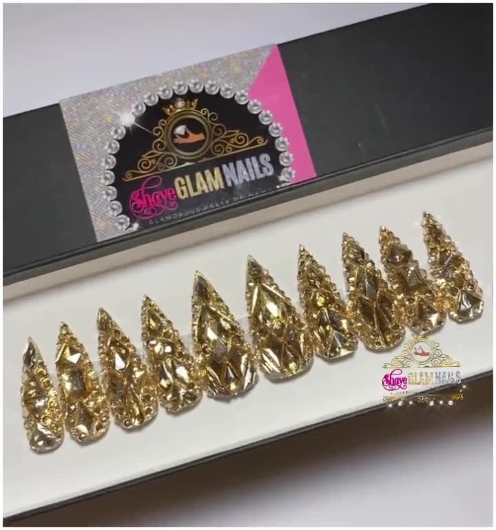 All Bling Press on Nails Gold Bling Diamond Crystals Press Ons Long Nails  Fake Nails False Nails Bling Bling Nails 