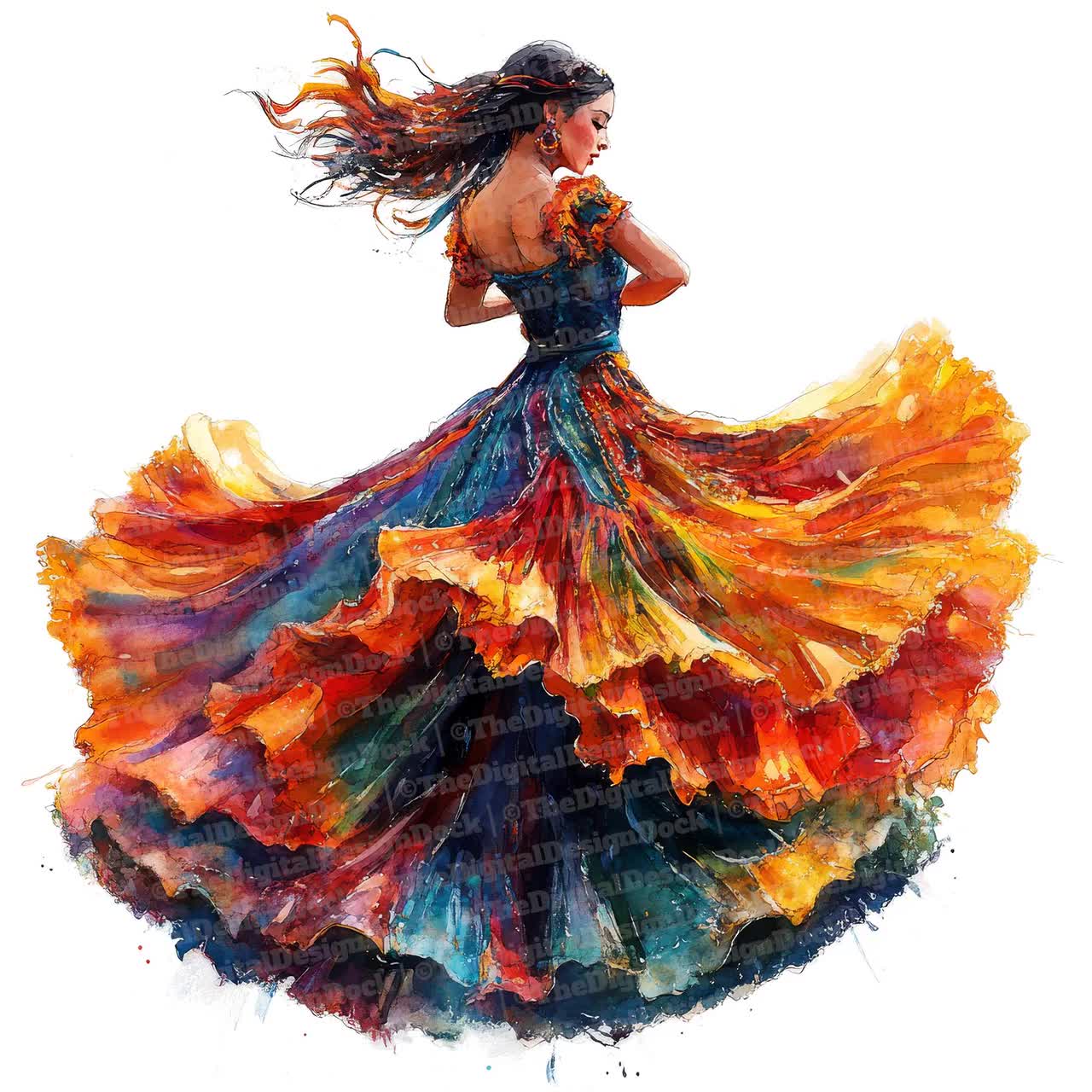 12 フラメンコ ダンサーの水彩画クリップアート、スペインの女性