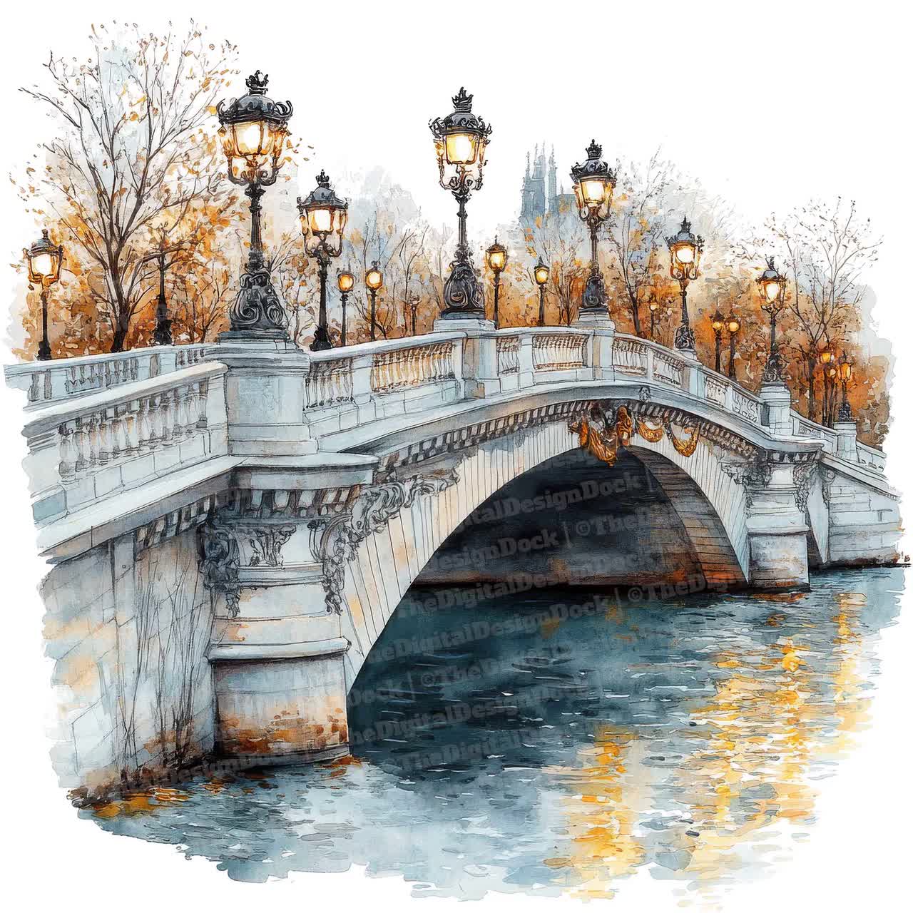 12 パリの橋のクリップアート、水彩画のアレクサンドル 3 世橋のアート