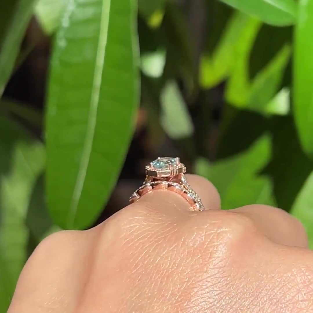 Oval cut Aqua Sapphire Halo Diamond Ring Set by La More Design in
