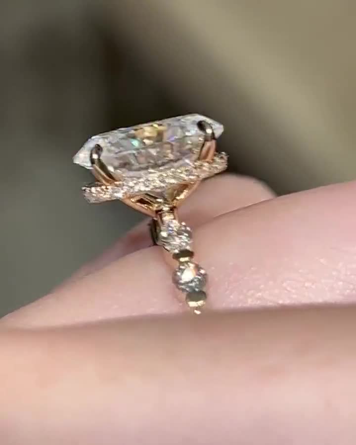 3CT Oval Cut Moissanite Engagement Ring With Side Stone Marquise And Round Diamond 14K Gold Hidden Halo Ring, Oval Bubble Prong Band Ring video poster