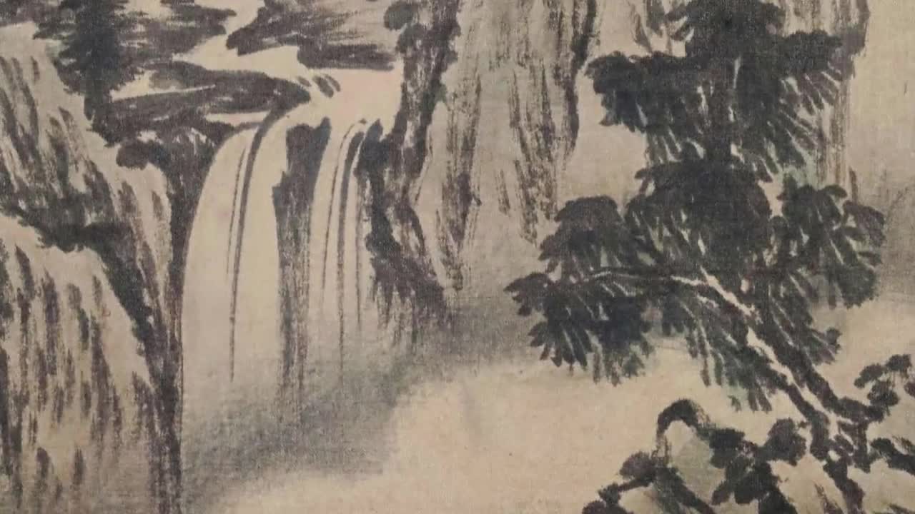 掛け軸 - ヴィンテージ 日本の墨絵 風景画 山の景色 掛軸 サイン入り