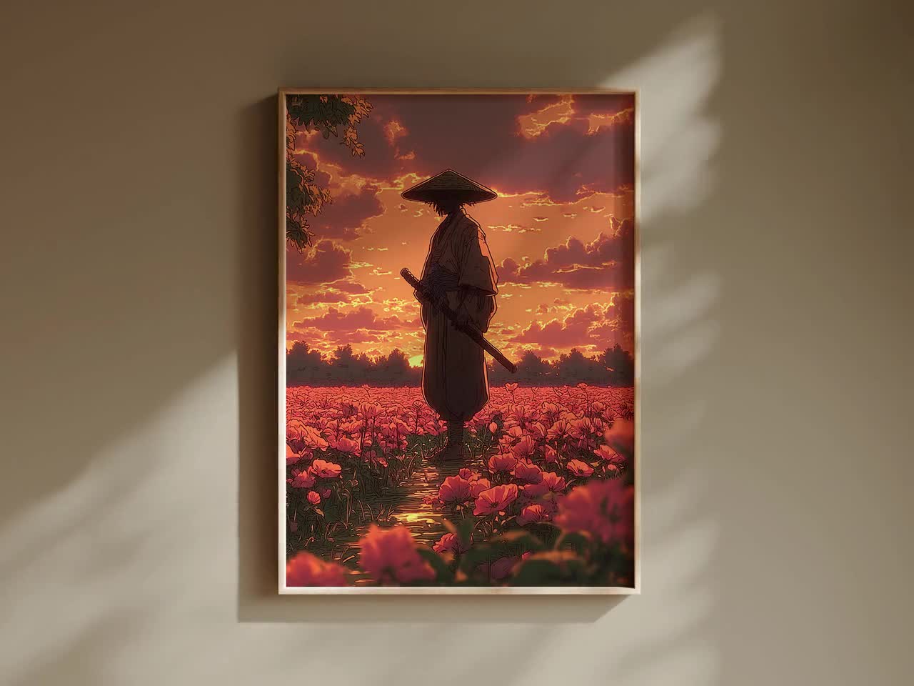 Samurai Warrior Field Print: Japanese Sunset Nature Landscape Wall