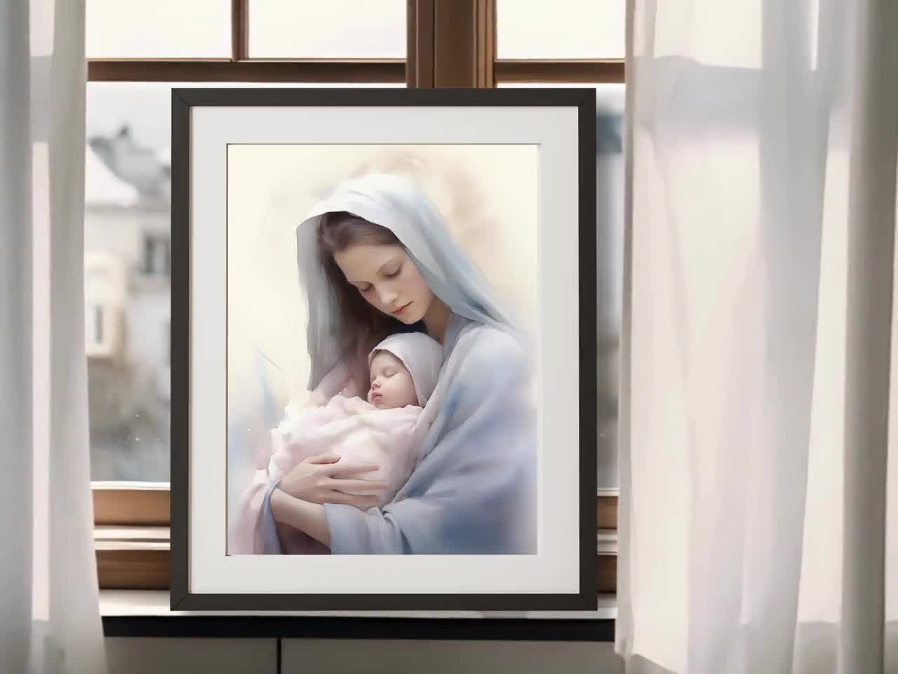 聖母マリアと幼子イエスのプリント、水彩画によるキリスト降誕のアート