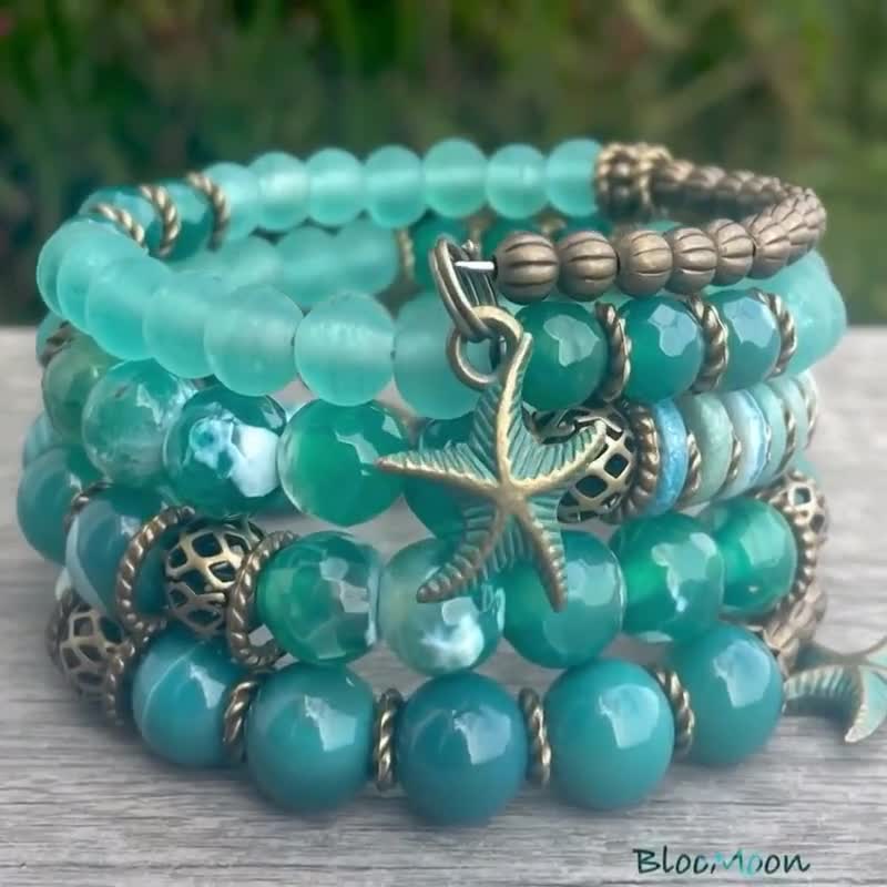 Teal Agate Wrap Bracelet, Bronze Starfish Charm, Coastal Blue