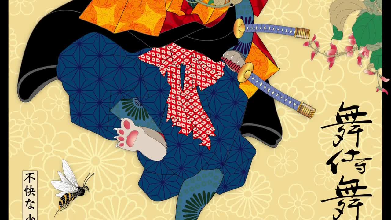 PAPER WASPS, Metal or Giclee Art Print, Cat Art, Japanese, Samurai, Original Artist, washi paper, ukiyoe, sweet pea vine, burmese cat, neko video poster