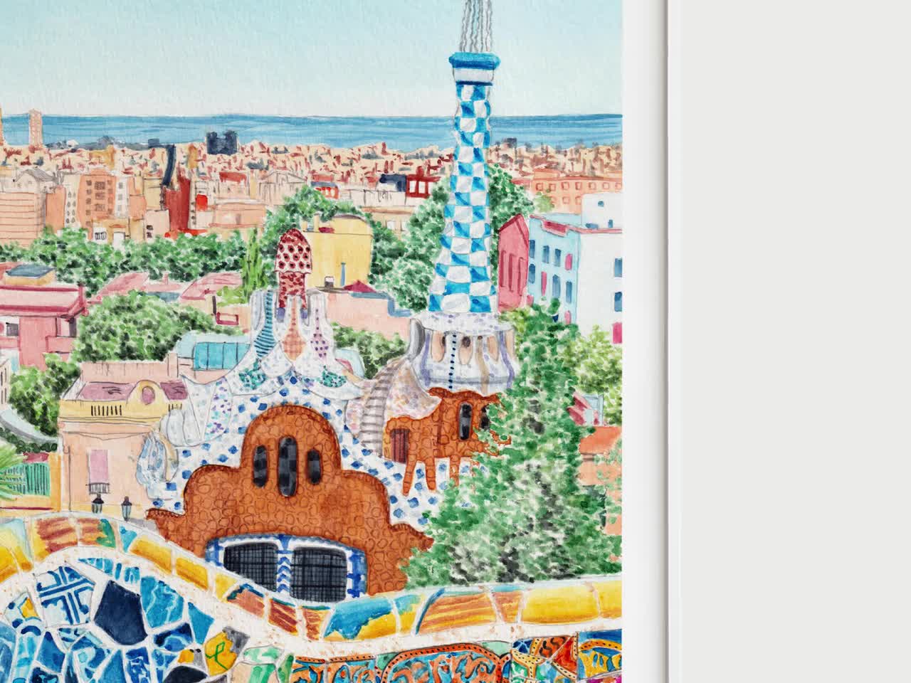 アクリル画 一点物 スペイン バルセロナ グエル公園の水彩画、バルセロナの壁画、スペインの装飾、バルセロナの