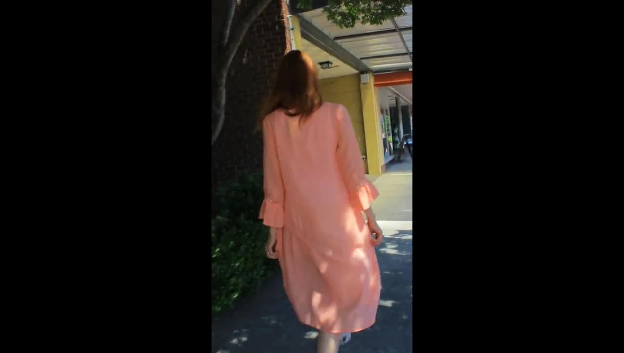 Women's Dress With Bell Sleeves, Peach Long Dress, Below Knee