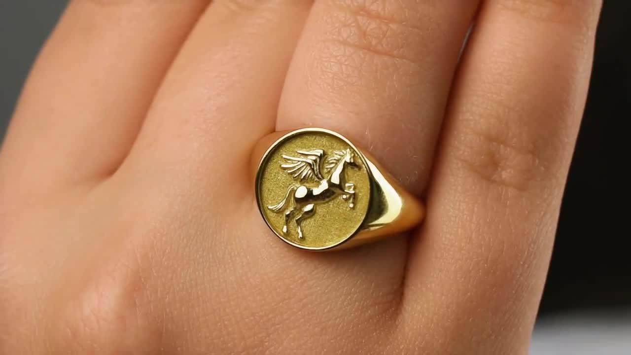 Gold Pegasus Signet Ring: Greek Mythology Horse Jewelry video poster