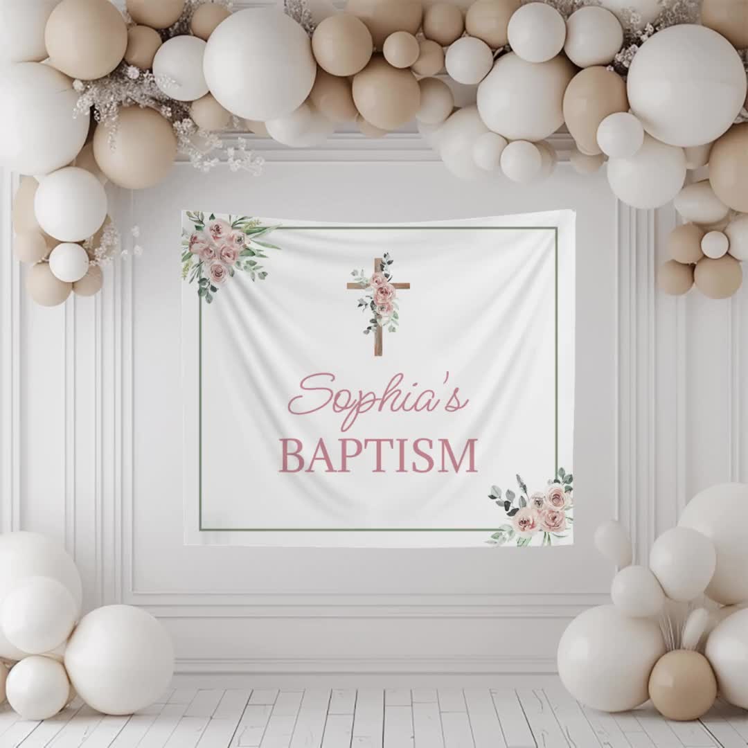 Personalized Baptism Banner Girl Floral Cross Backdrop Custom Baptism Sign  Baby Girl Christening Decor Fabric Photo Banner, image size:1080x1080