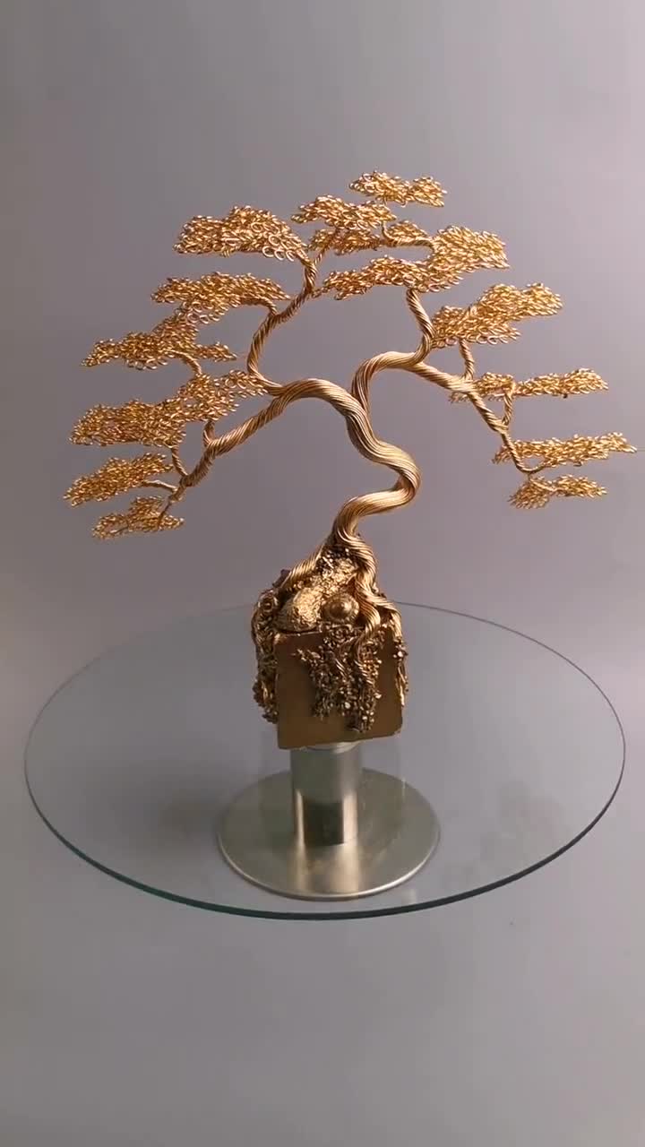 Gold Wire Bonsai Tree Sculpture, Japanese Zen Garden Decor