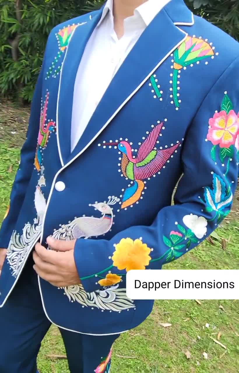 Men Blue 2pc Country Western Suit Customized Floral Peacock
