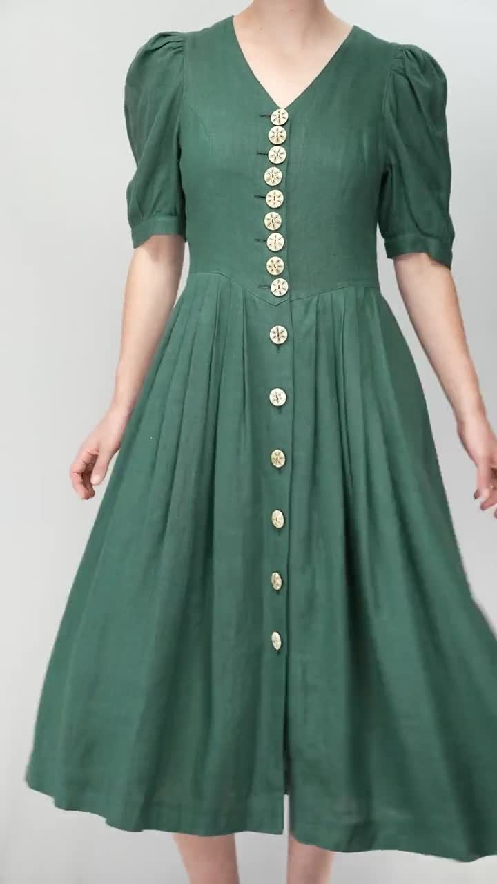 Vintage Pine Green Linen Midi Dress | Berwin & Wolff | Austrian Puff Sleeve  Dress | Size S-M