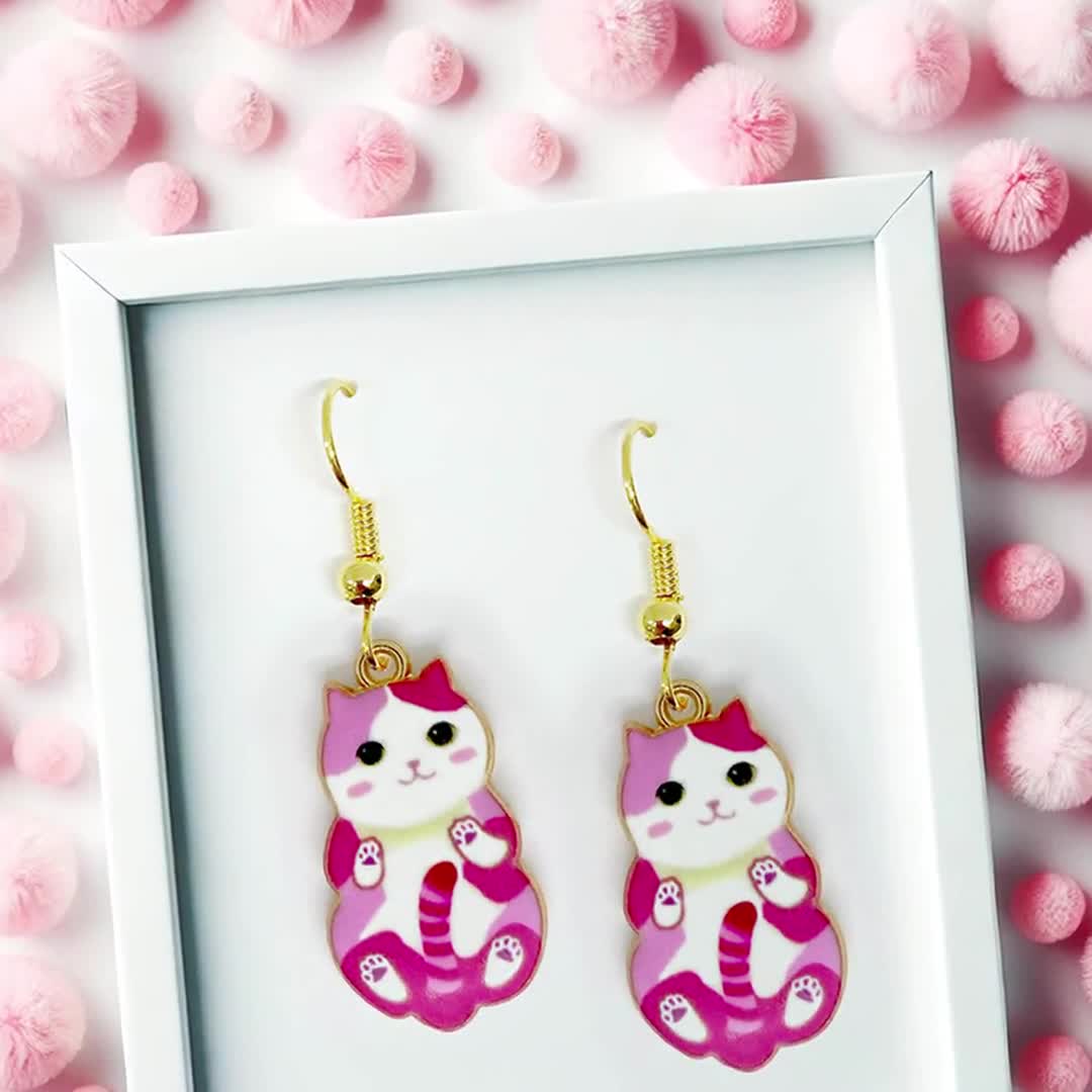 Boucles D'oreilles Petit Chat Queue Amovible Rose Et Blanc - Neuf Avec étiquettes, Dormeuses Acier Inoxydable