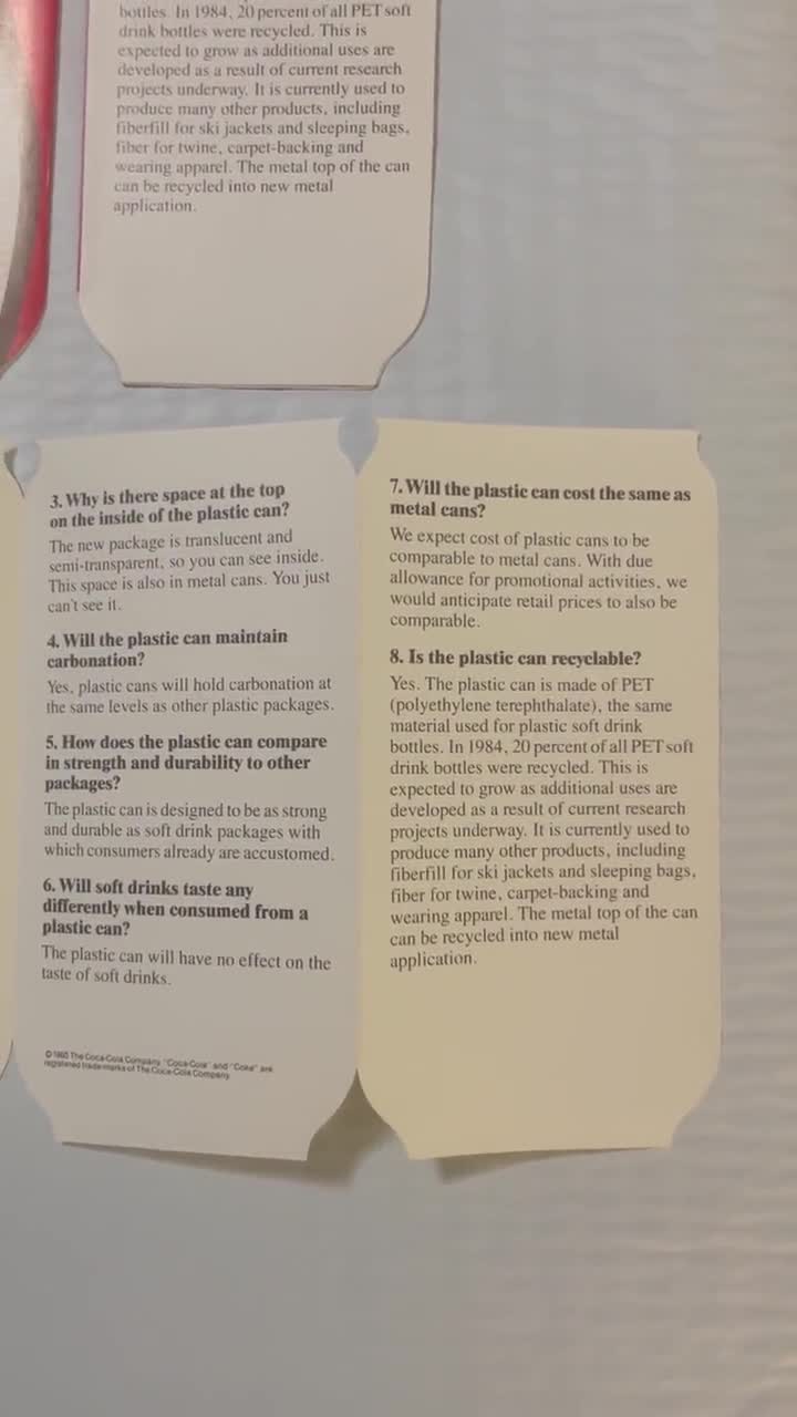 Vintage 1985 Coca Cola Recyclable Plastic Can Pamphlet Die Cut Brochure Soda History Coke Memorabilia Failed Product Advertising Ephemera video poster