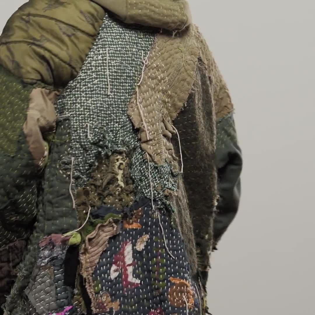 ボロニット 国旗 リメイク BROKEN FLAG SWEATER BORO Hoodie, Khaki Green Boro Hoodie, Reworked Inspired by
