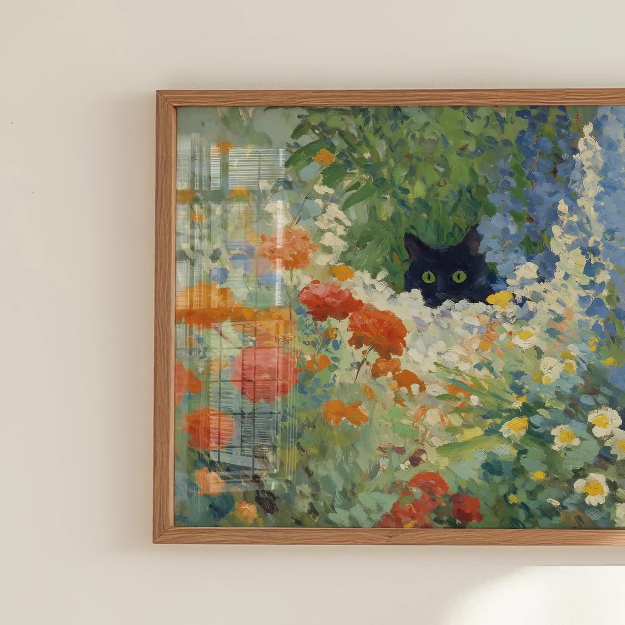 クロード・モネ「庭の花の中の黒猫」アートプリント – 印象派の油絵風