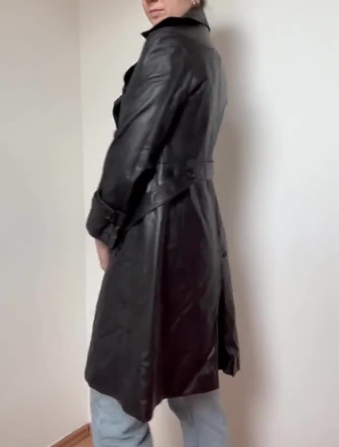 Vintage Black Leather Trench Coat Women | Size Small | Genuine